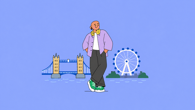 Creative wearing headphones beside Tower Bridge and the London Eye.