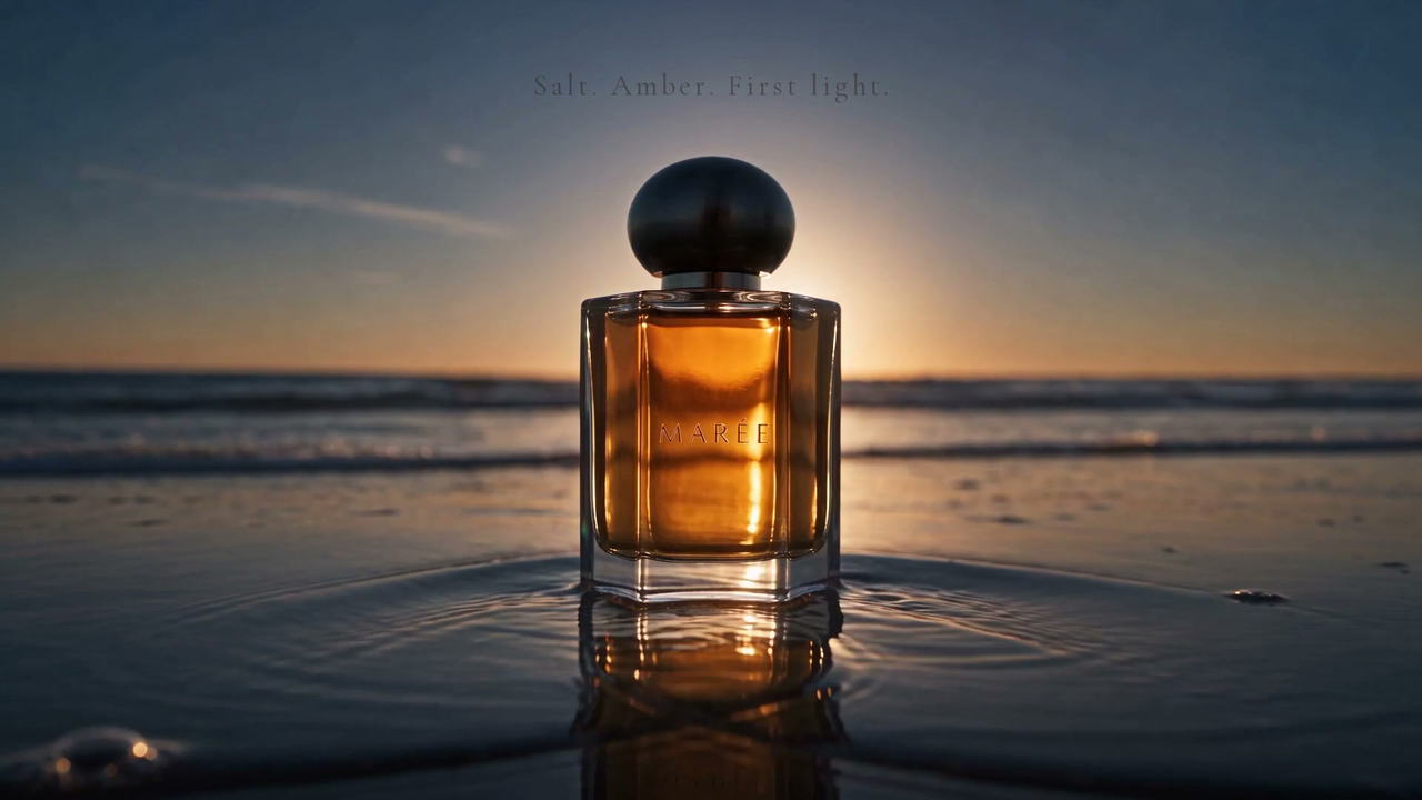 AI Perfume Ad: One Bottle on Wet Sand at Sunset · 4