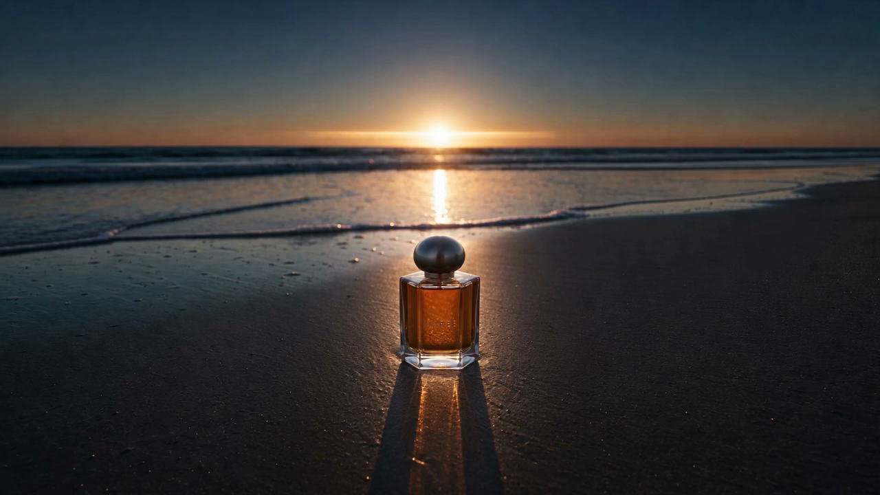 AI Perfume Ad: One Bottle on Wet Sand at Sunset · 5