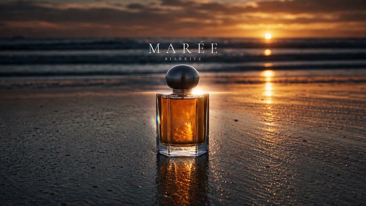AI Perfume Ad: One Bottle on Wet Sand at Sunset